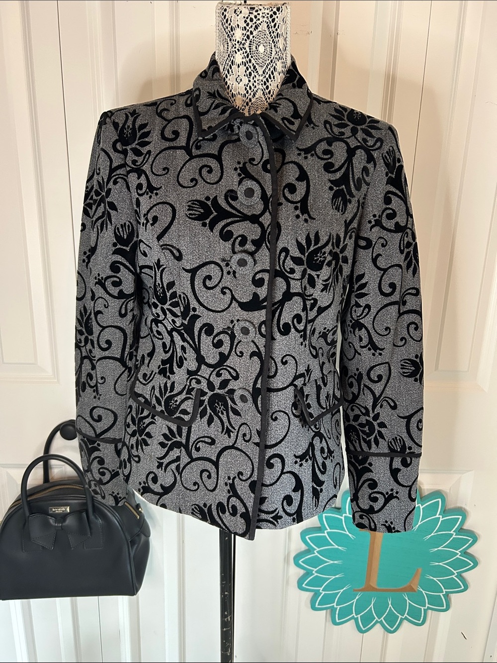 Sophisticated Silver & Black Velvet Damask Blazer by Attitude Size M
